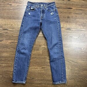 Levis 501 Button Fly Jeans Womens Small Blue Skinny Mid Rise Distressed Denim